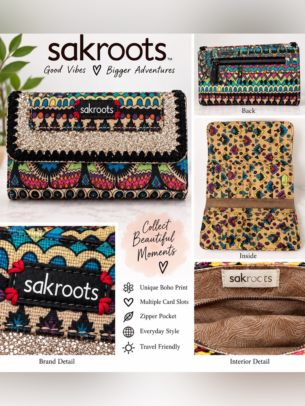 Sakroots Multicolor Boho Floral Wallet with Glitter Trim